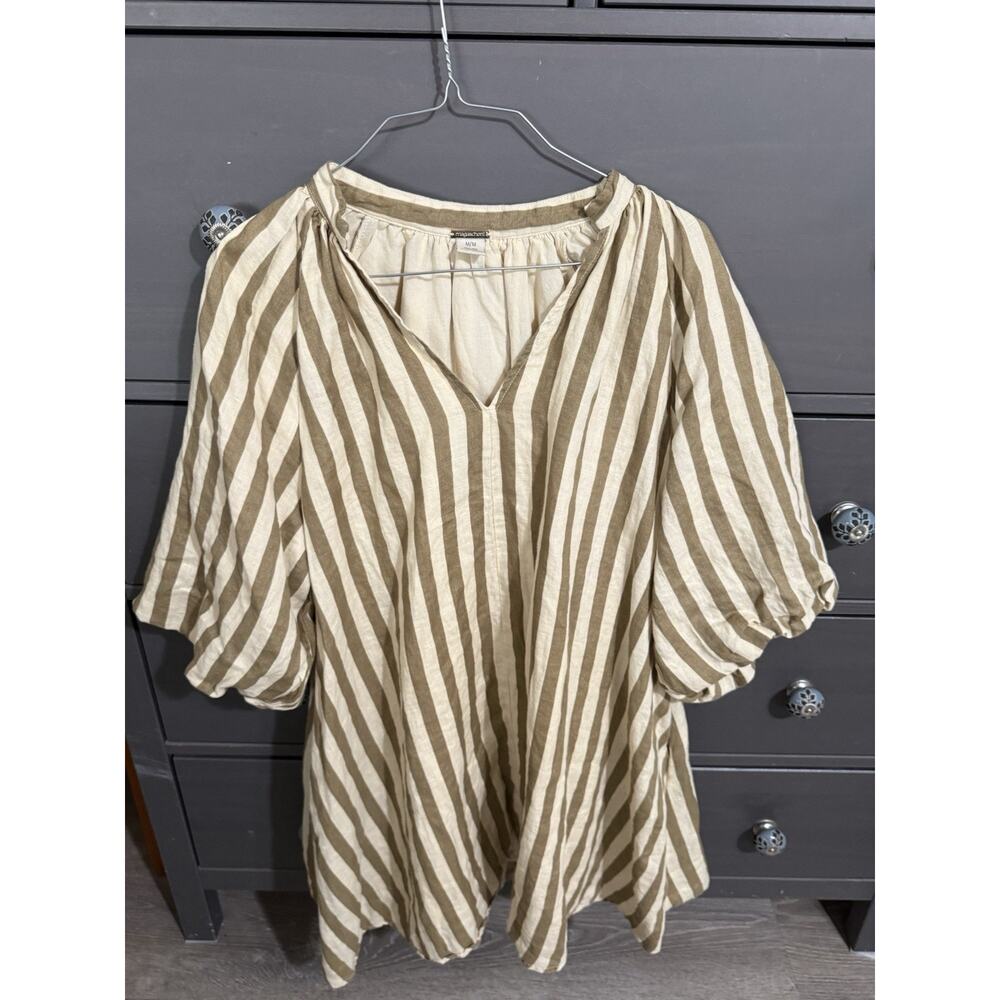 Magaschoni Women's 100% Linen Striped V-Neck Casual Dress Size M Camel Beige